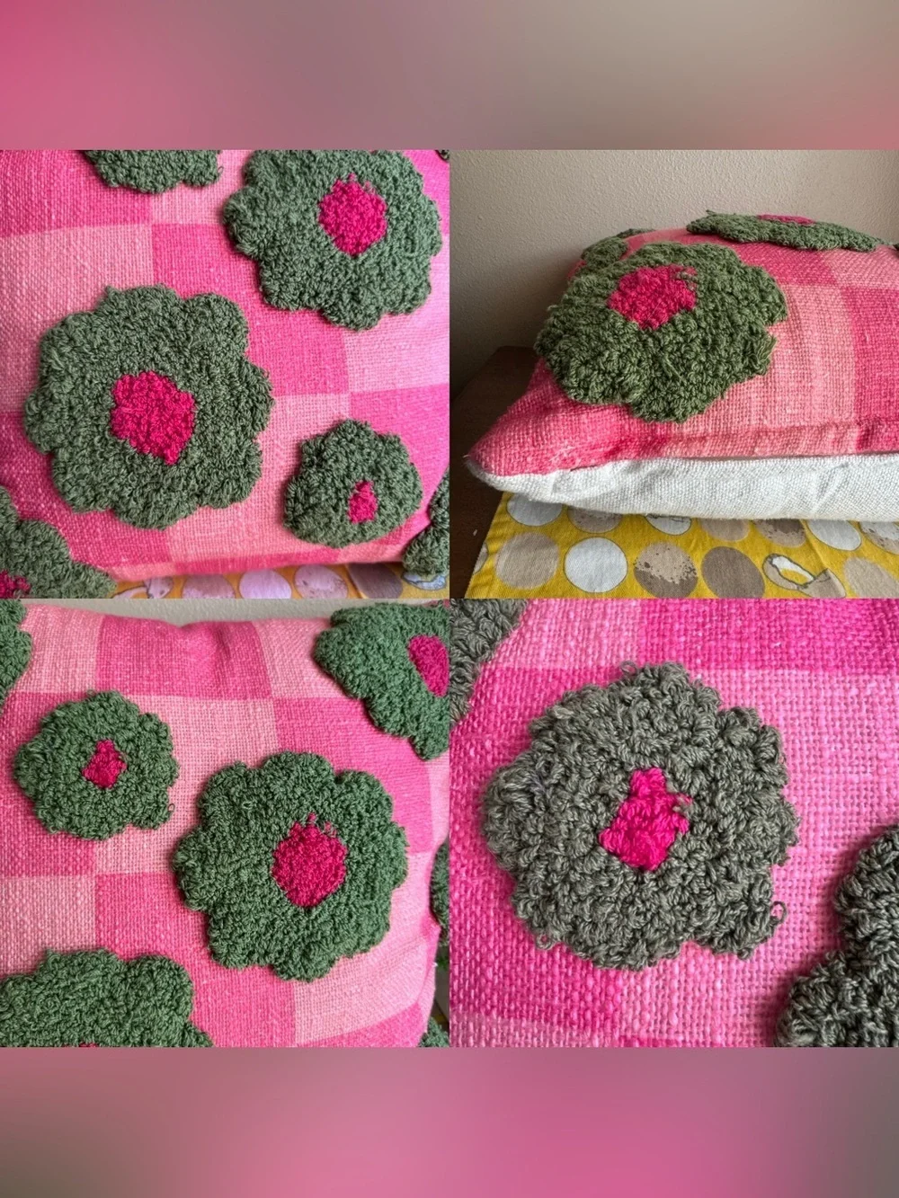 Tuft checkerboard green and pink floral pillow